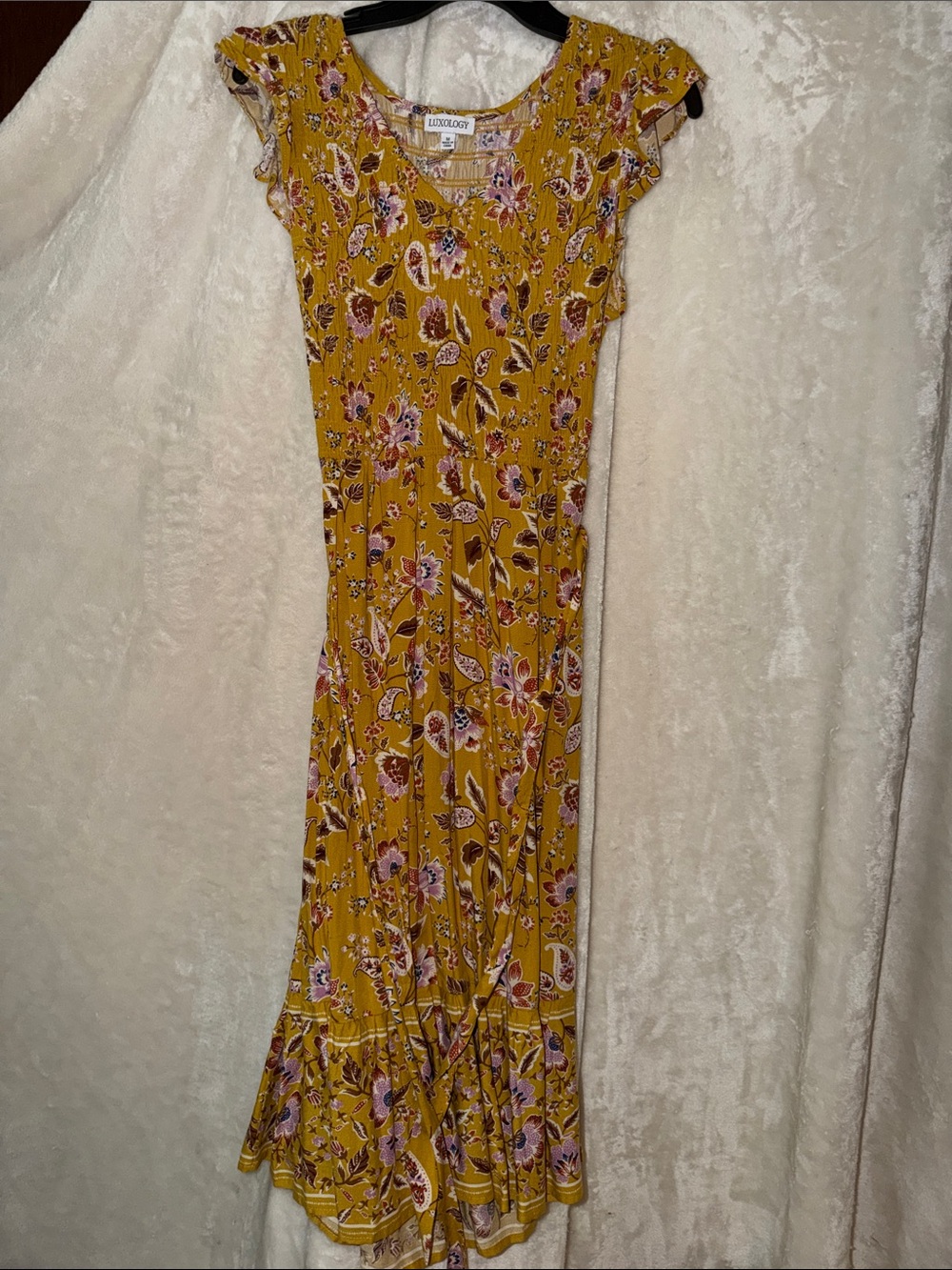 Luxology Mustard Floral Midi Dress with Ruffle Hem